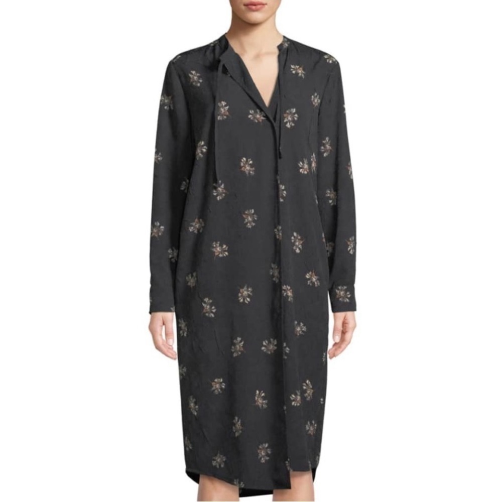 Vince Tossed Bouquet Floral Print Tunic Tie-Neck Kimono Dress Black Size Medium